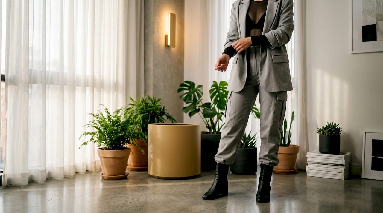 Woman styling luxury streetwear bodysuit outfit
