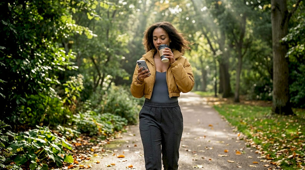 Woman in bodysuit walking city street coffee
