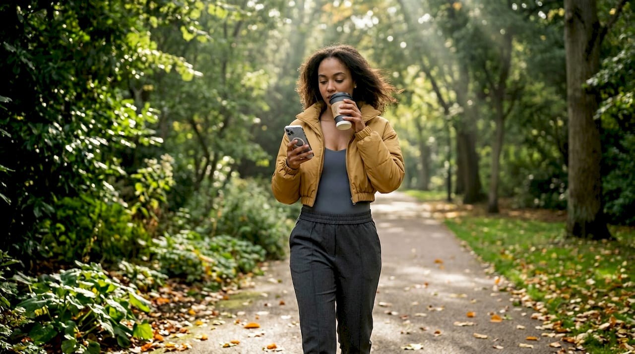 Woman in bodysuit walking city street coffee