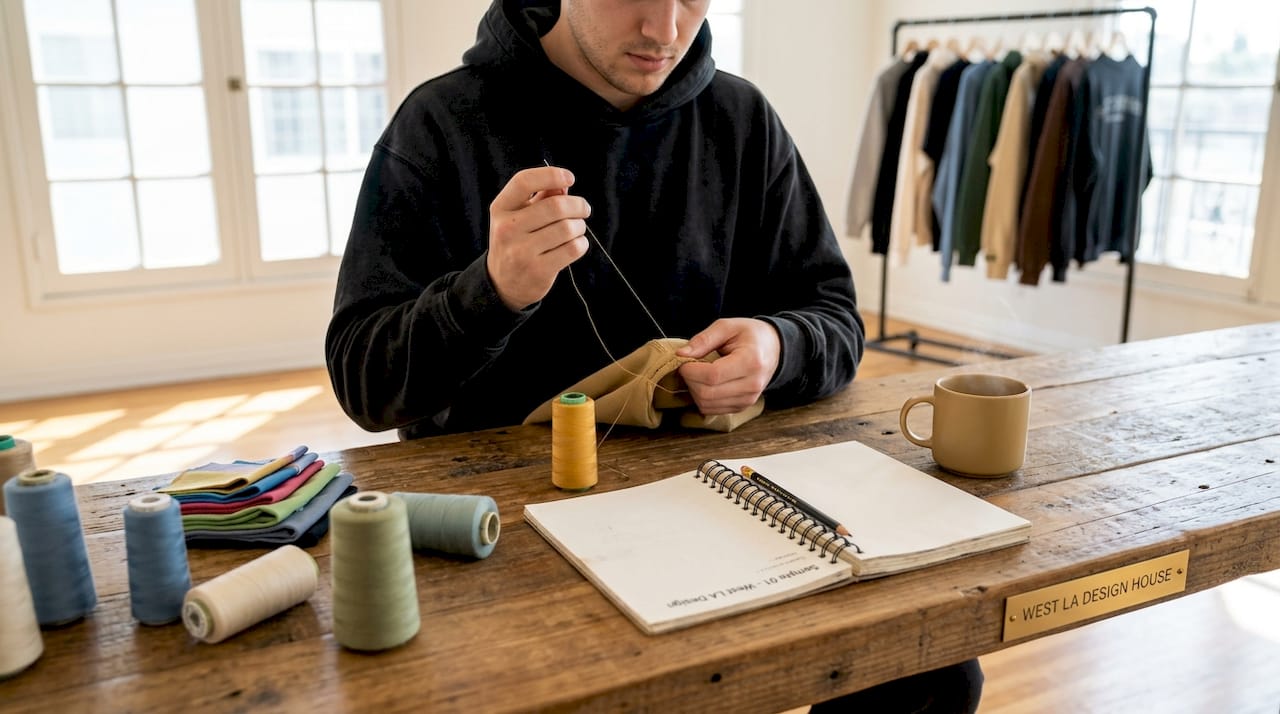 Designer sewing streetwear sample in LA studio